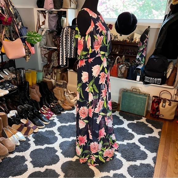 Eliza J Floral Maxi Chiffon Cold Shoulder Tropical Dress Sz 10 - Picture 3 of 7